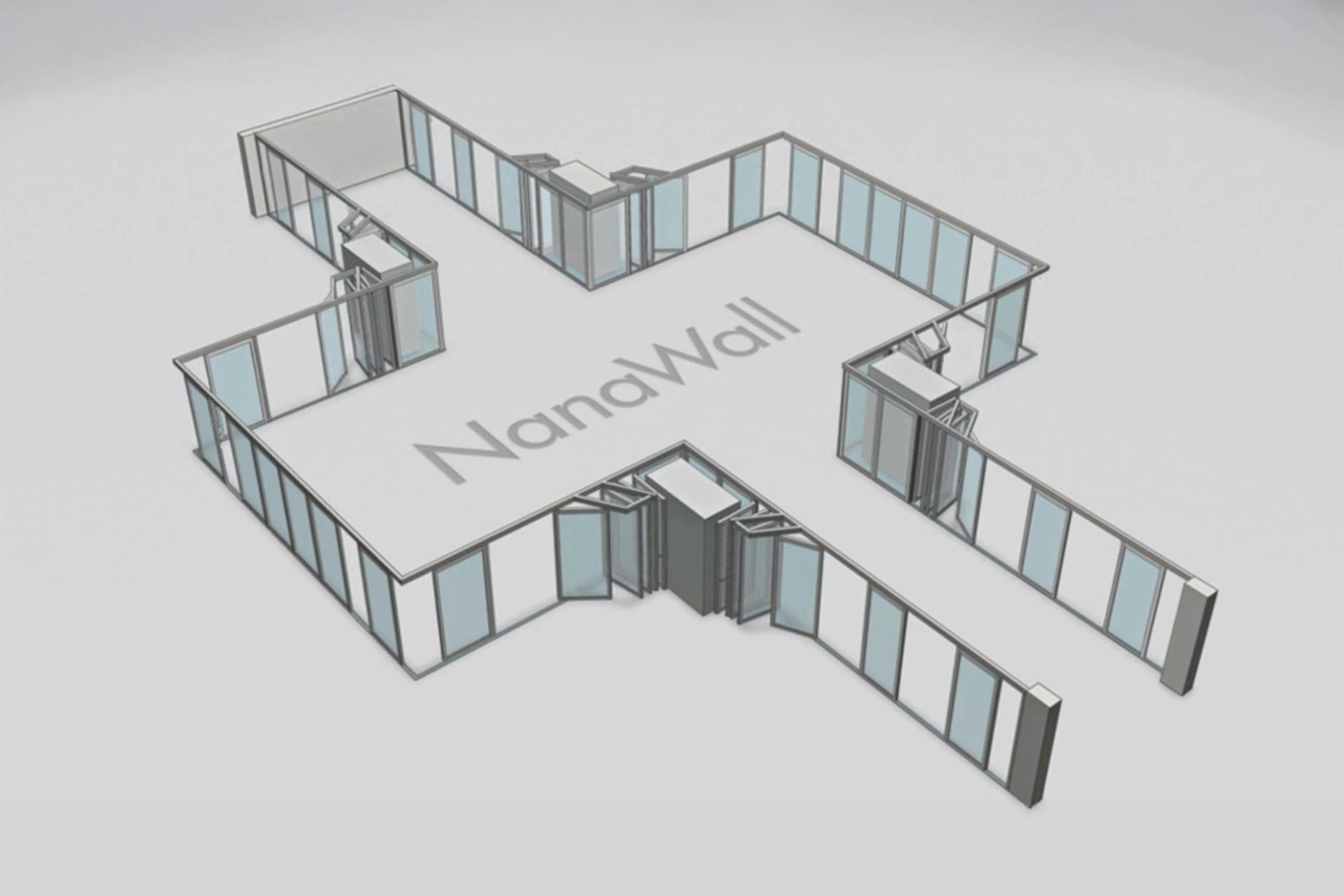 NanaWall open-corner configuration with parking bays: panels meet at 90° corners and stack into side bays