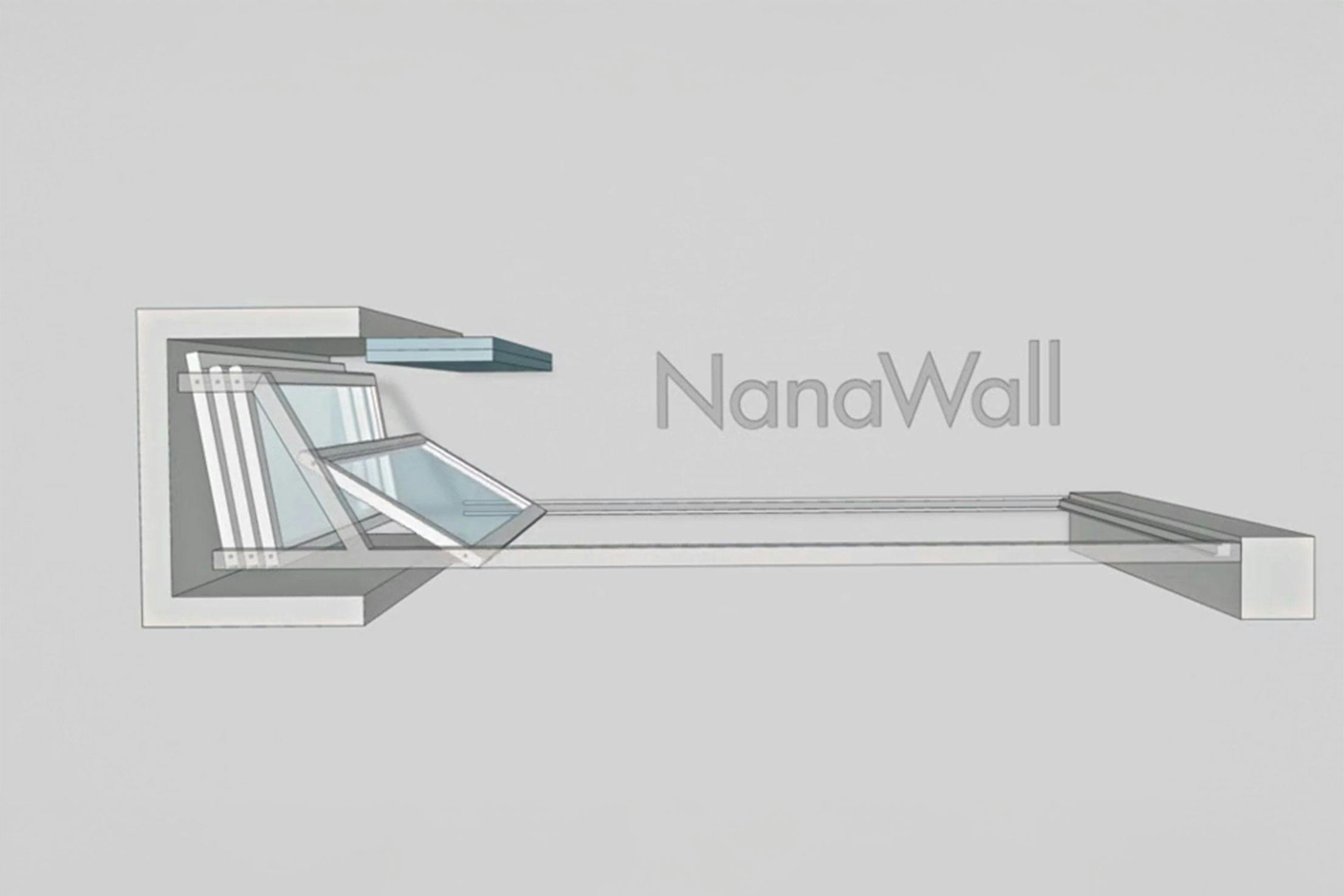 NanaWall enclosed stack configuration (Pocket D): panels stack into an enclosed bay, remaining concealed while keeping the opening clear.