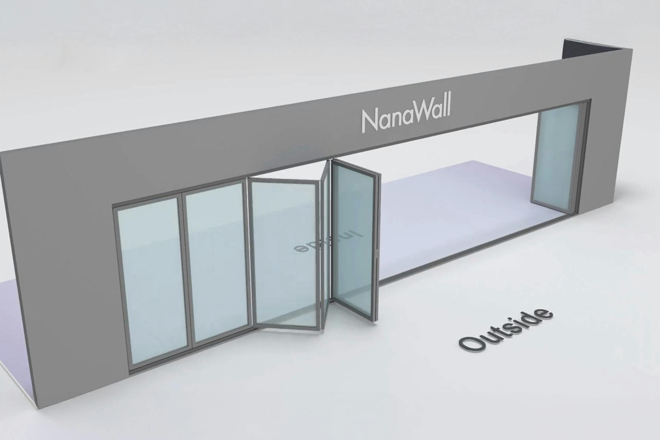 NanaWall inward/outward combination configuration: 10-panel folding glass door; 4 panels fold left (inward) and 6 panels fold right (outward) (i4Lo6R)