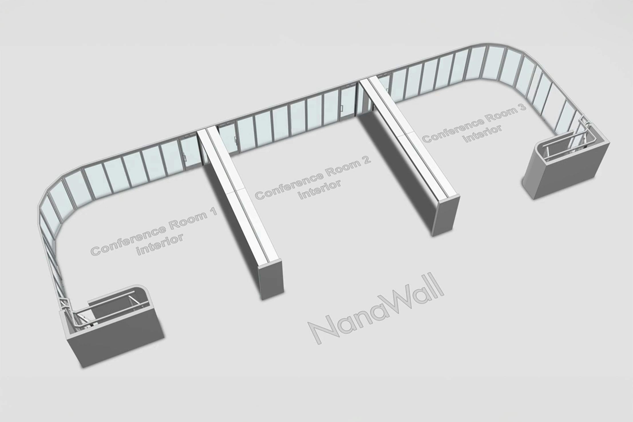 NanaWall HSW60 RemoteSTACK® configuration: glass wall panels slide on a single track and park in remote bays away from the openings, maintaining unobstructed access between conference rooms