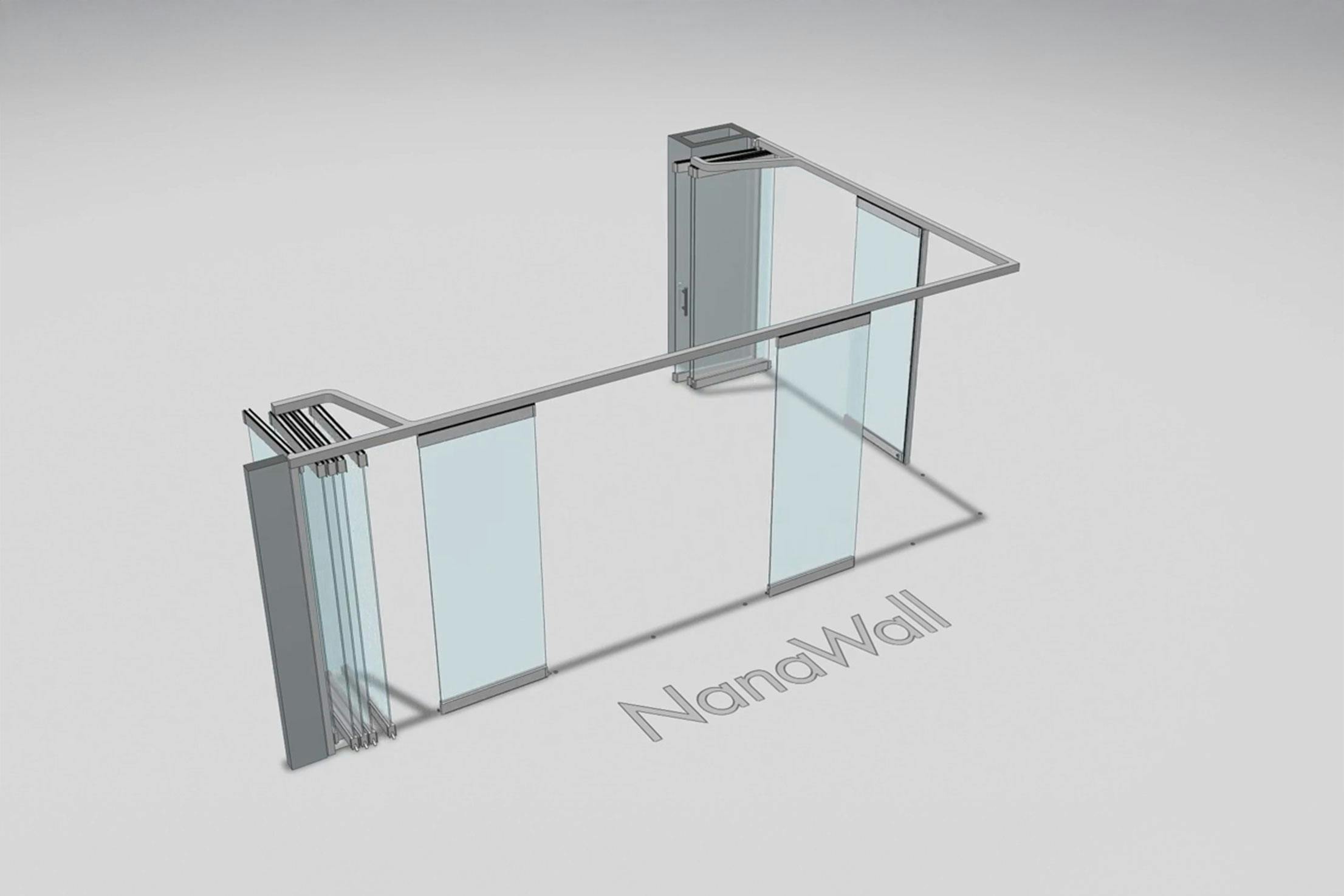 NanaWall open-corner configuration with dual parking bays: panels meet at a 90° corner and stack into side bays on both sides