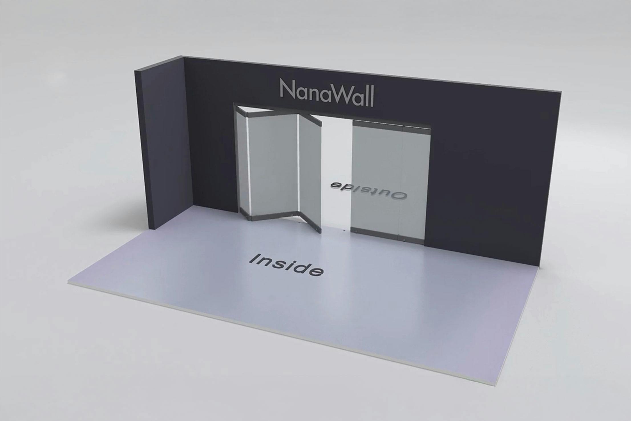 NanaWall standard configuration: 5-panel folding glass door, inward opening; 3 panels fold left and 2 panels fold right (i3L2R)