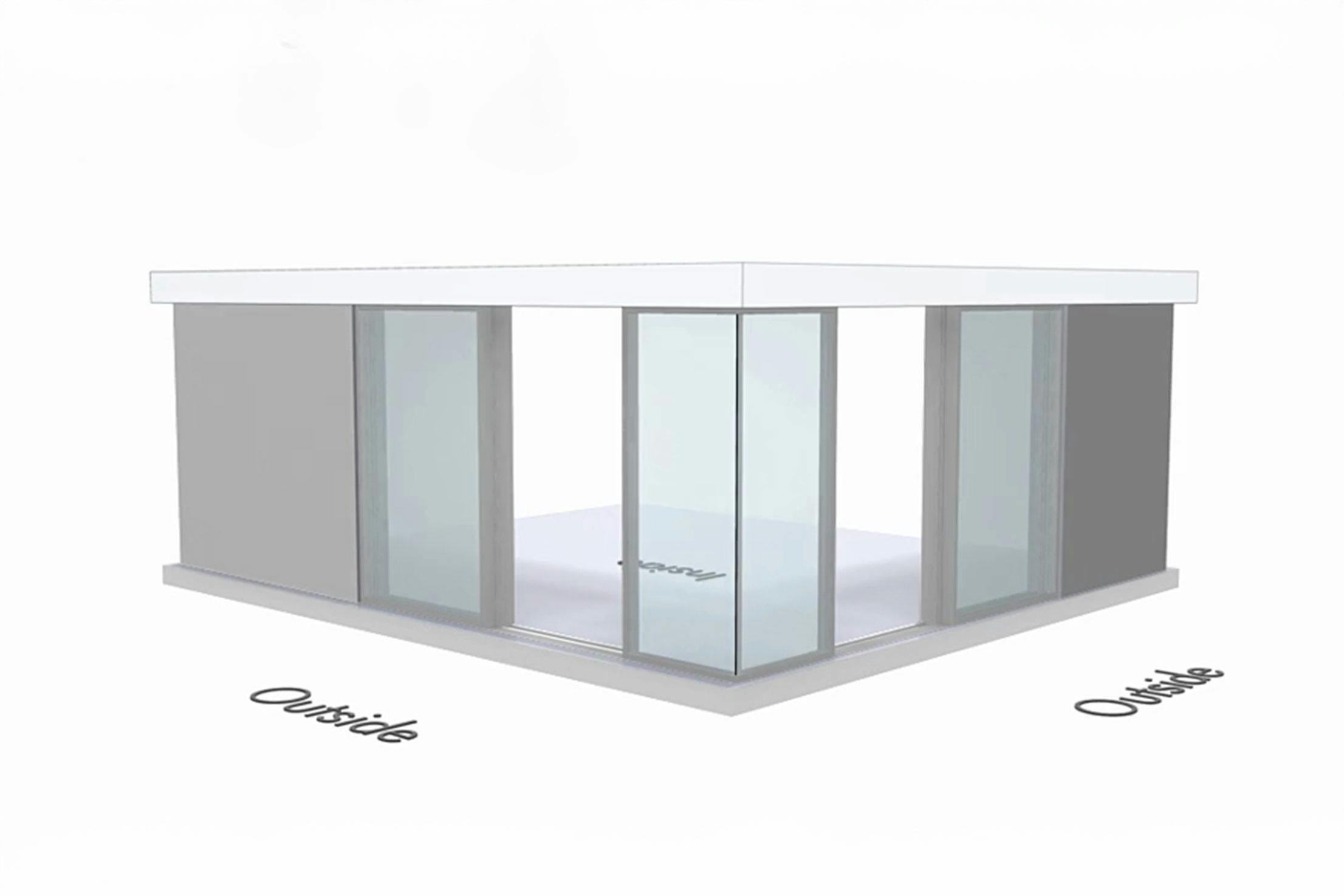 NanaWall Cero 90° corner configuration: sliding glass wall with fixed corner panels and center-opening panels on both sides (OXO-90-OXO)