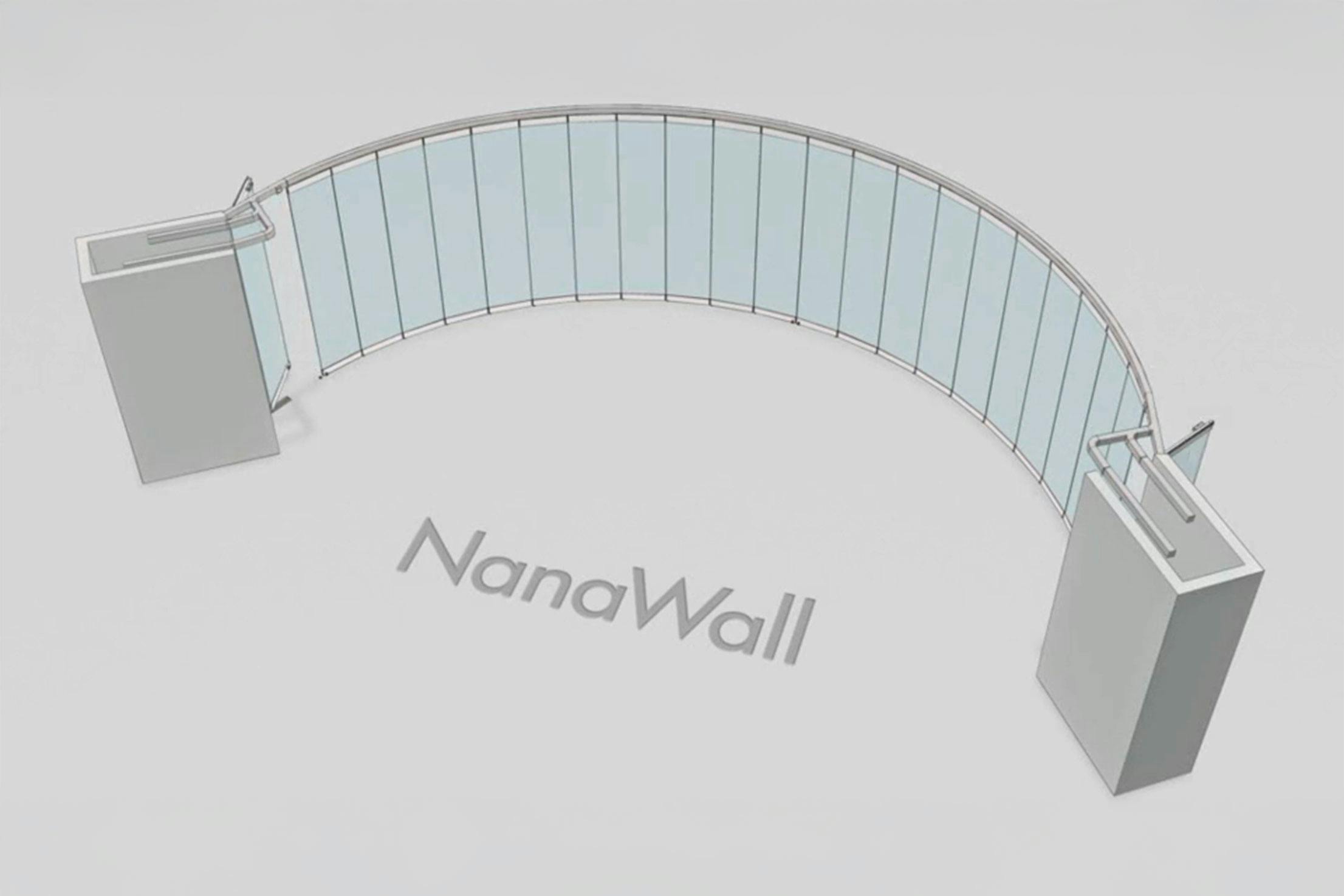 NanaWall segmented configuration: glass wall panels follow a curved radius, maintaining a continuous layout