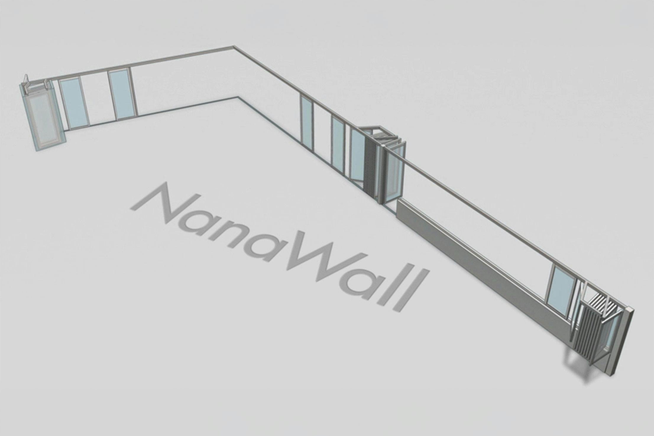 NanaWall HSW60 open-corner configuration with parking bays: operable glass wall panels turn at 90° and stack into side parking bays on both sides, creating a clear cornerless opening