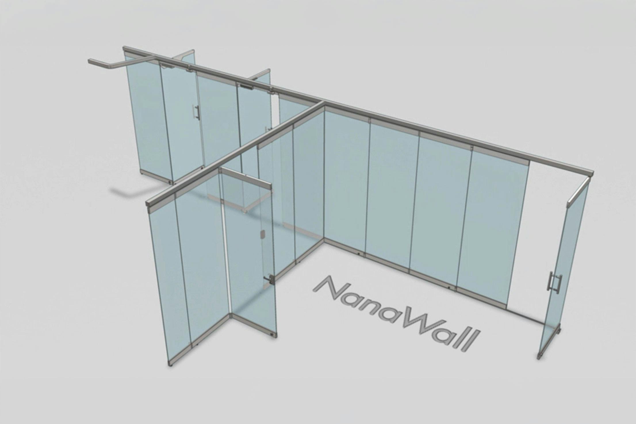 NanaWall T-intersection configuration: operable glass walls connect at a 90° junction, forming a T-shaped layout for multi-directional openings