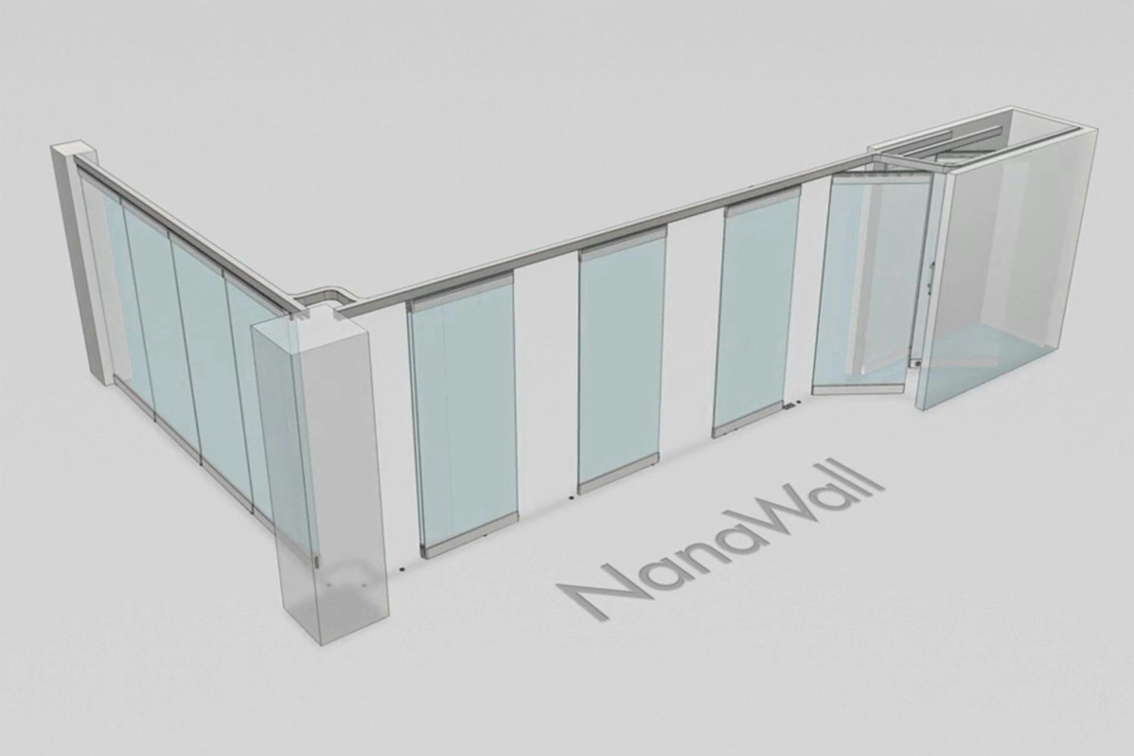 NanaWall open-corner configuration: operable glass wall panels meet at a 90° corner, creating a cornerless opening