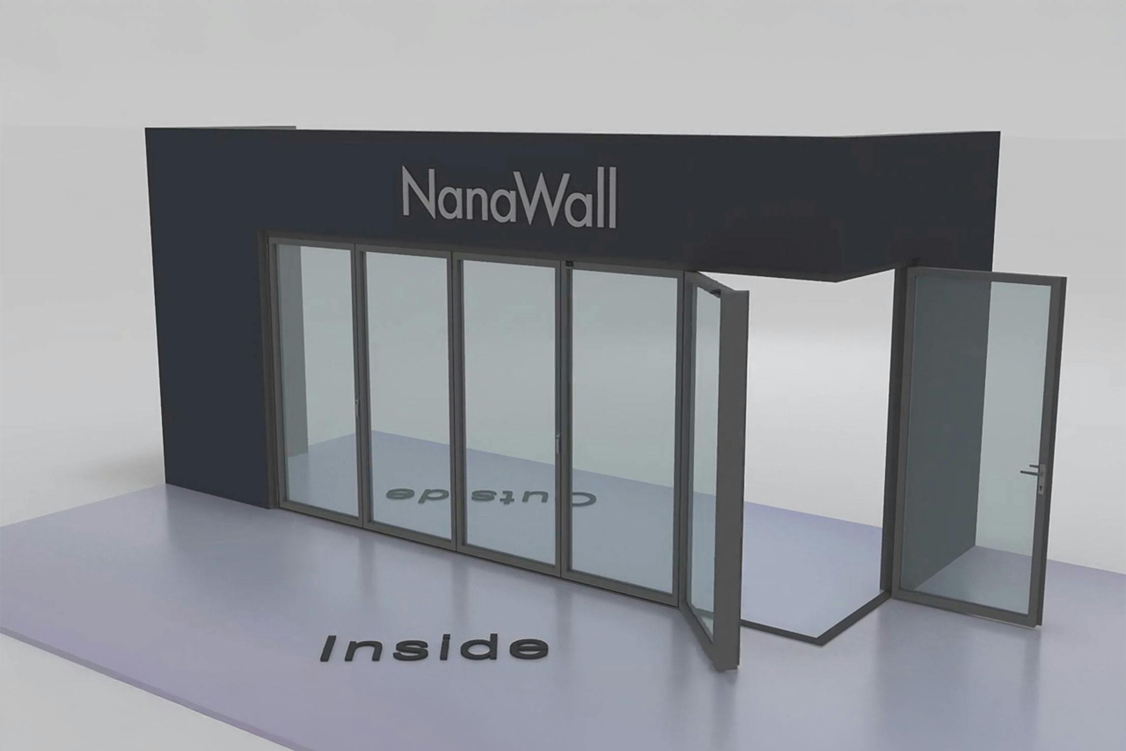 NanaWall open-corner configuration 5L 1R: panels meet at a 90° corner with five panels folding left and one panel folding right