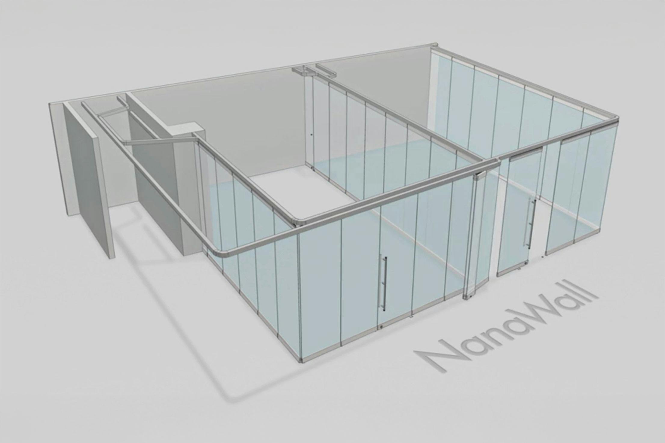 NanaWall responsive design configuration: operable glass panels on a single track move between openings to adapt space based on user needs