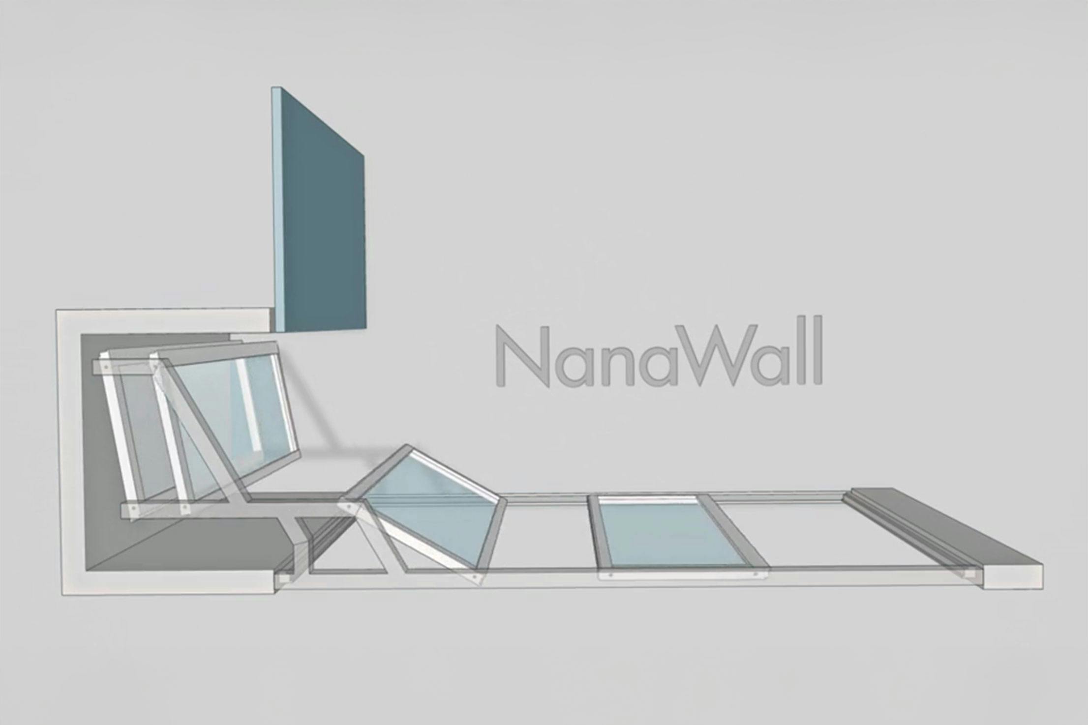 NanaWall enclosed stack configuration: operable glass wall panels slide and stack into a dedicated enclosed bay, remaining concealed while keeping the main opening clear