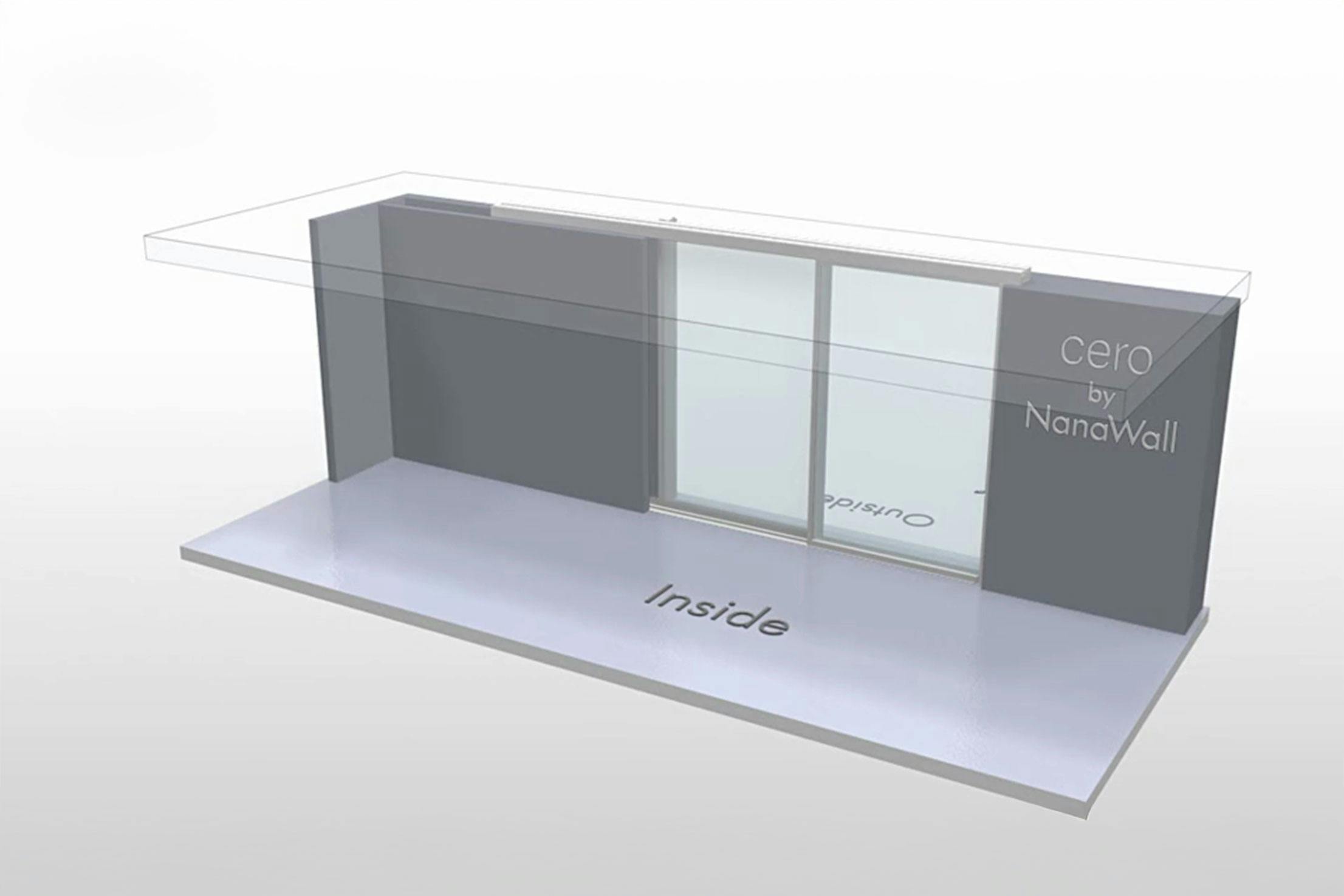 NanaWall CERO III pocketing configuration: 3-panel sliding glass wall with two panels sliding and pocketing into a concealed wall pocket on the left side (PXX)