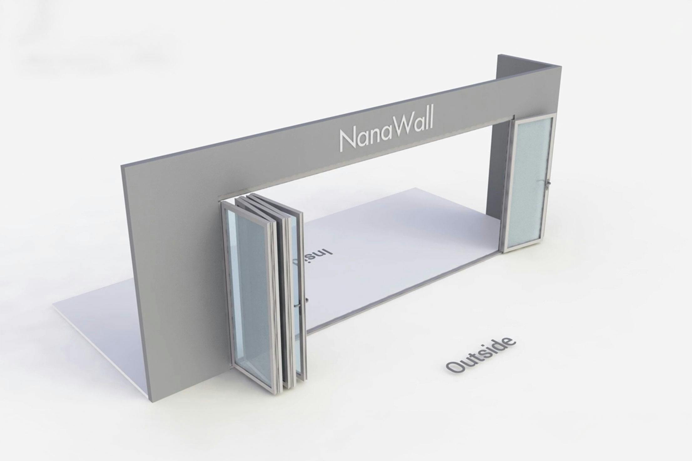 NanaWall standard configuration: 6-panel folding glass door, outward opening; 1 panel folds left and 5 panels fold right (o1L5R)