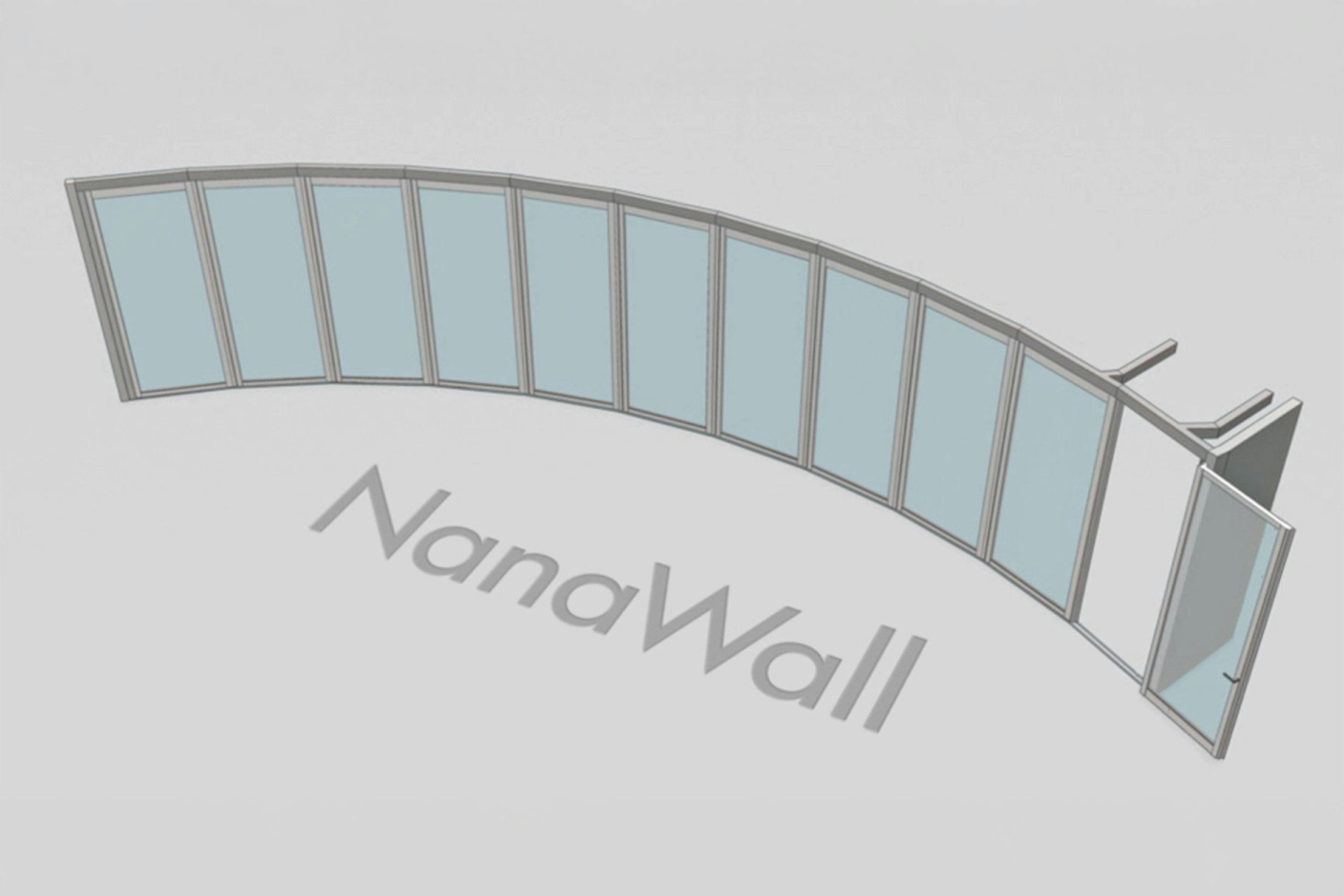 NanaWall HSW60 segmented configuration: operable glass wall panels arranged across curved segments, following a radius design while maintaining continuous alignment