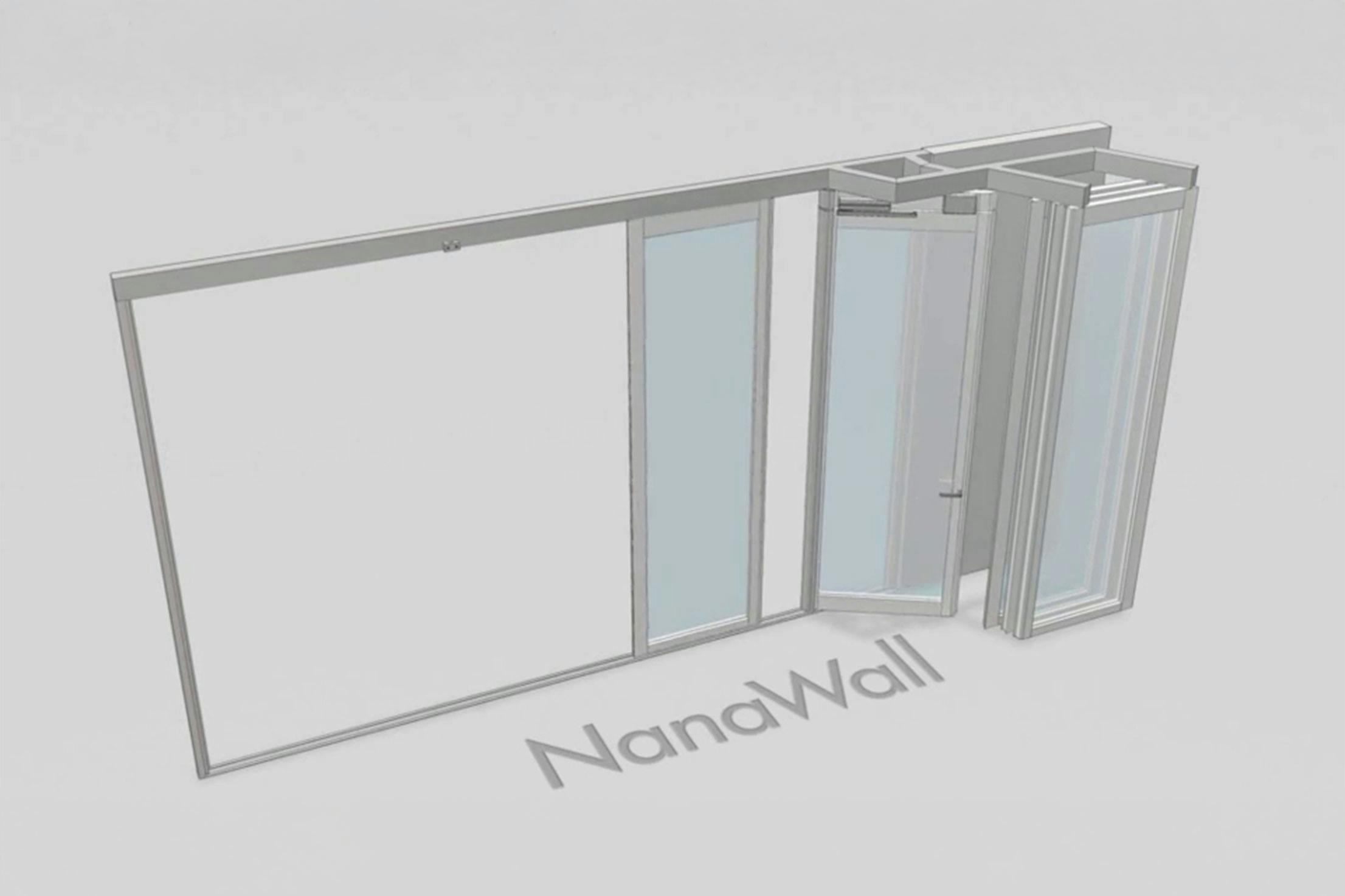 NanaWall HSW60 parking bay configuration: operable glass wall panels turn and stack at 90° into a side bay, keeping the main opening clear (Concept B)