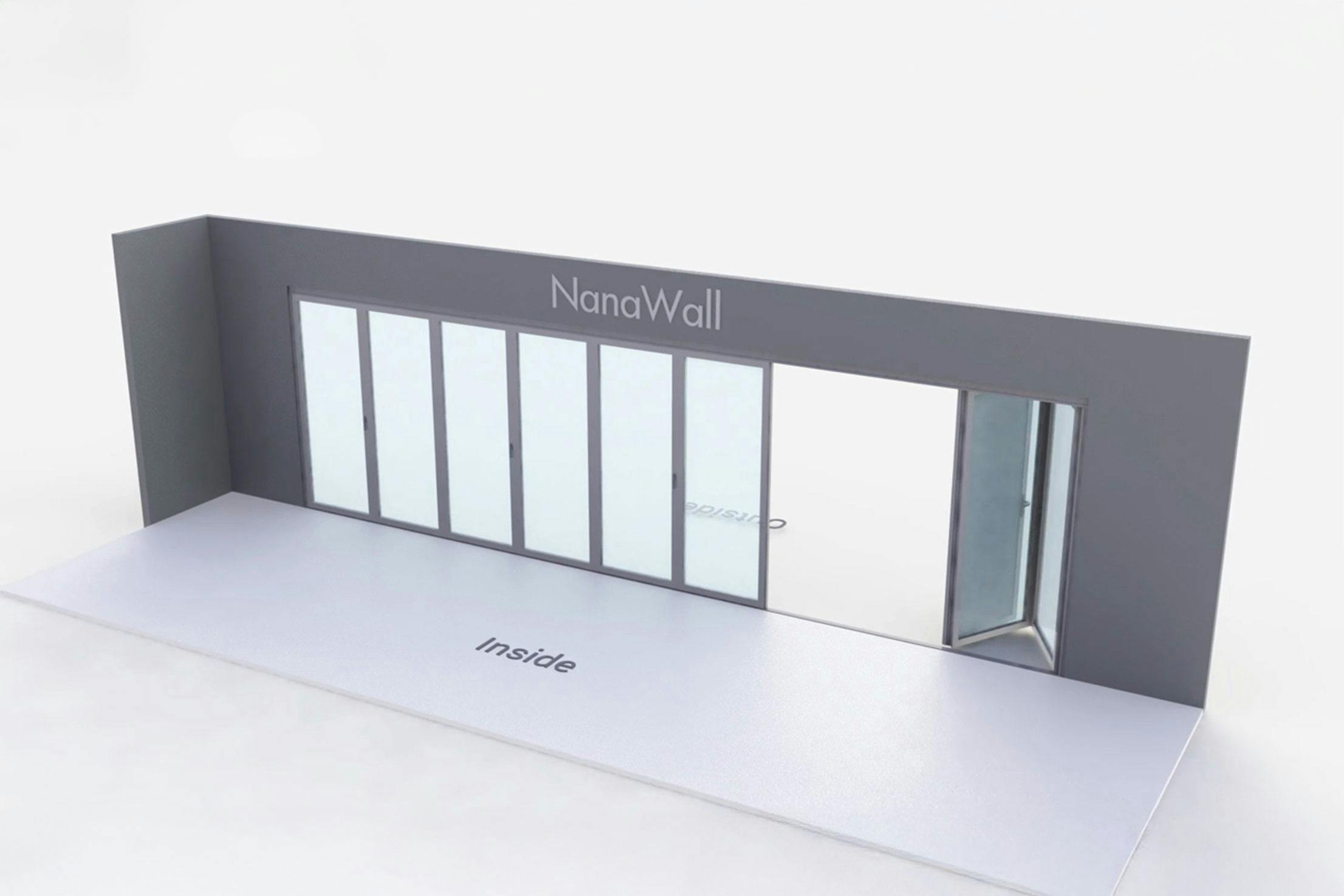 NanaWall standard configuration: 9-panel folding glass door, outward opening; 6 panels fold left and 3 panels fold right (o6L3R)