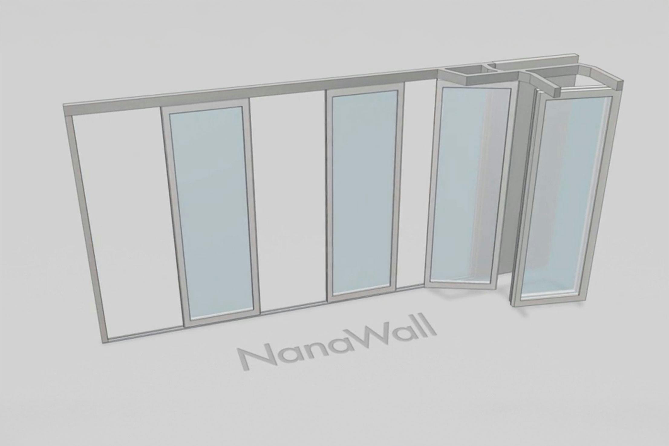 NanaWall parking bay configuration: operable glass wall panels turn and stack at 90° into a side bay, keeping the main opening clear (Concept N)