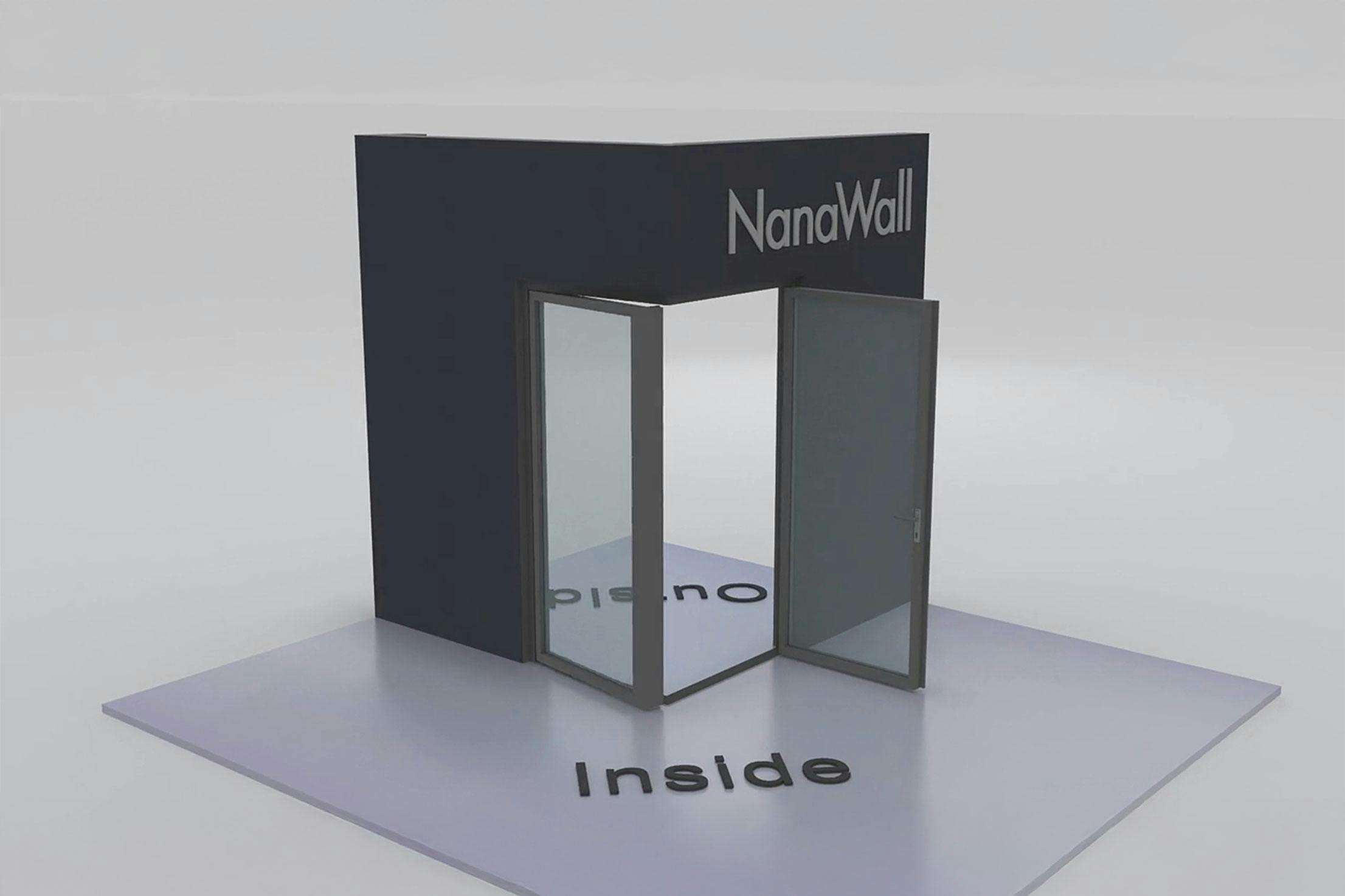 NanaWall open-corner configuration: 2-panel folding glass door, inward opening; 1 panel folds left and 1 panel folds right (i1L1R)
