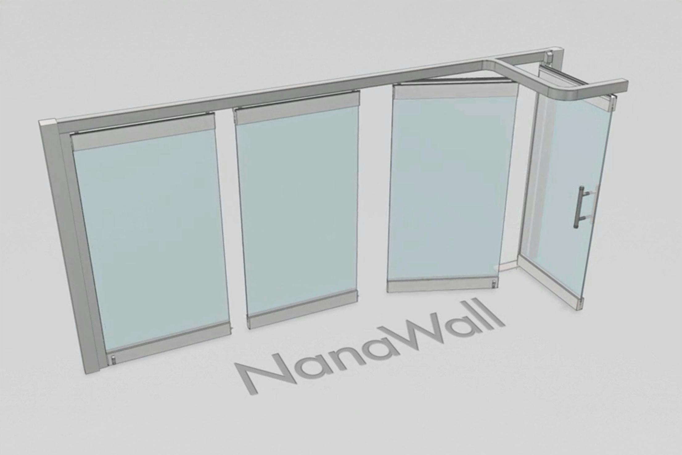 NanaWall parking bay configuration: operable glass wall panels turn at 90° and stack into a side bay, keeping the opening clear