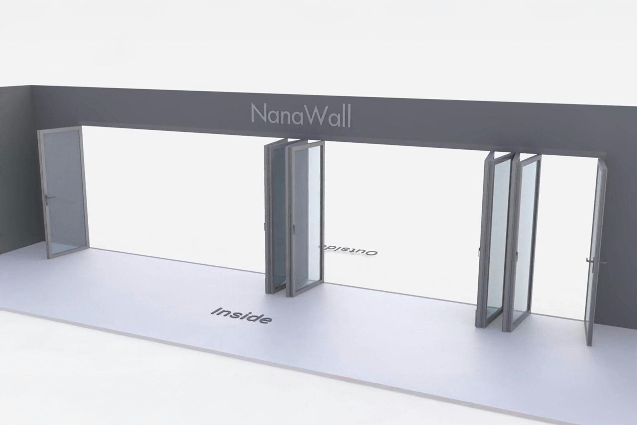 NanaWall Fourfold configuration: 10-panel folding glass door, inward opening; 1 panel folds left, two 4-panel sets fold left/right, and 1 panel folds right (PPI i1L 4LR 4LR 1R)