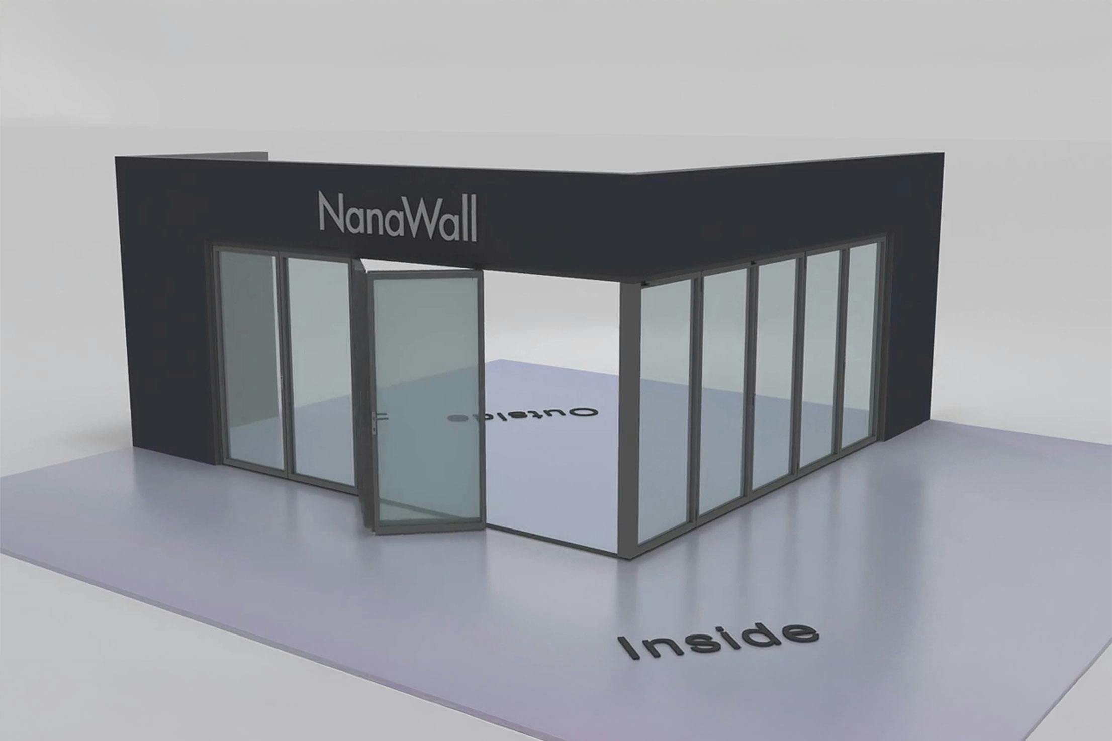 NanaWall open-corner configuration 5L 5R: panels meet at a 90° corner with five panels stacking left and five panels stacking right