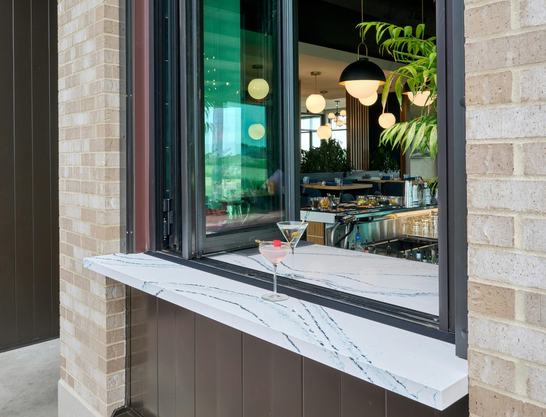 service counter in restaurant with folding glass window