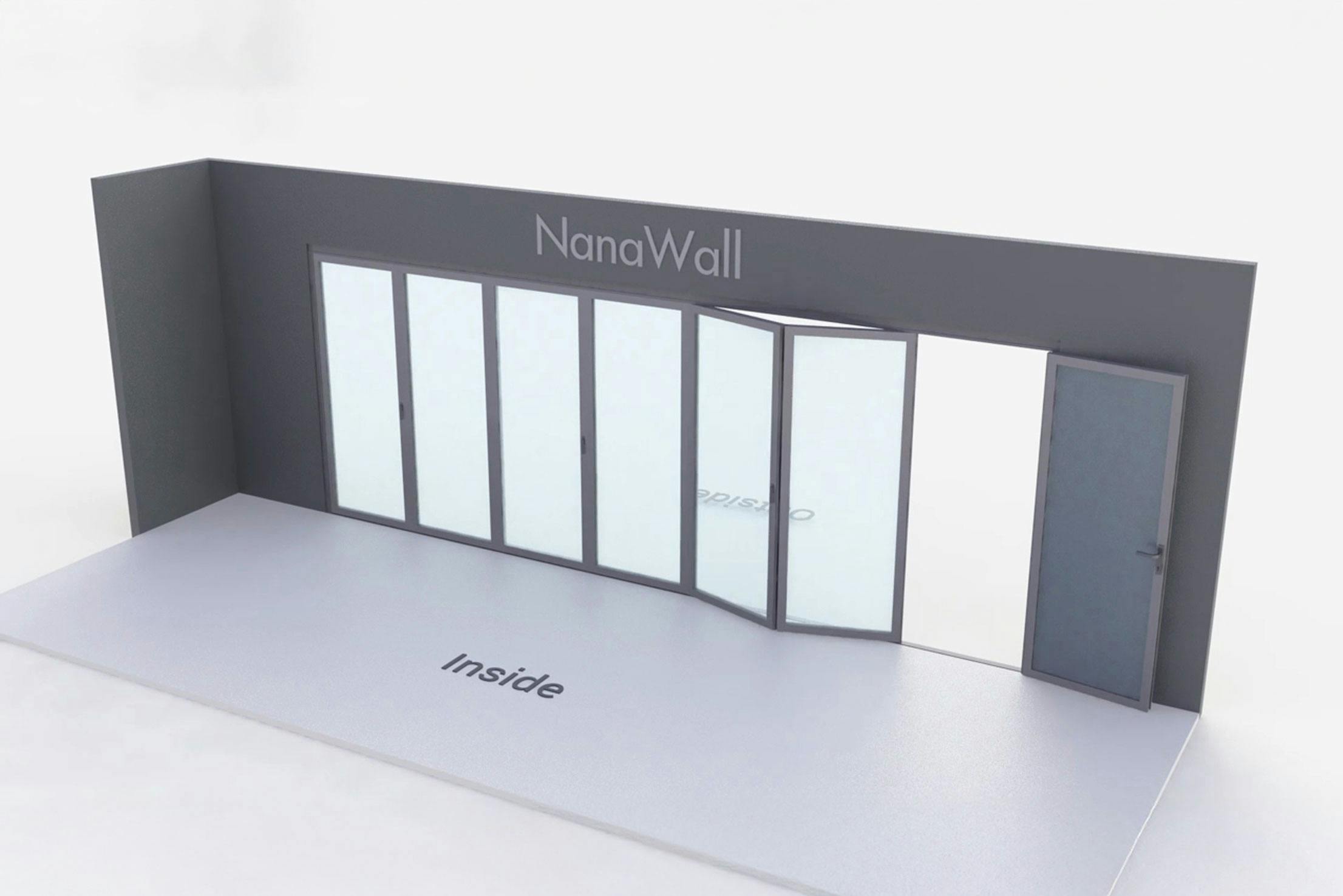NanaWall standard configuration: 7-panel folding glass door, inward opening; 6 panels fold left and 1 panel folds right (i6L1R)