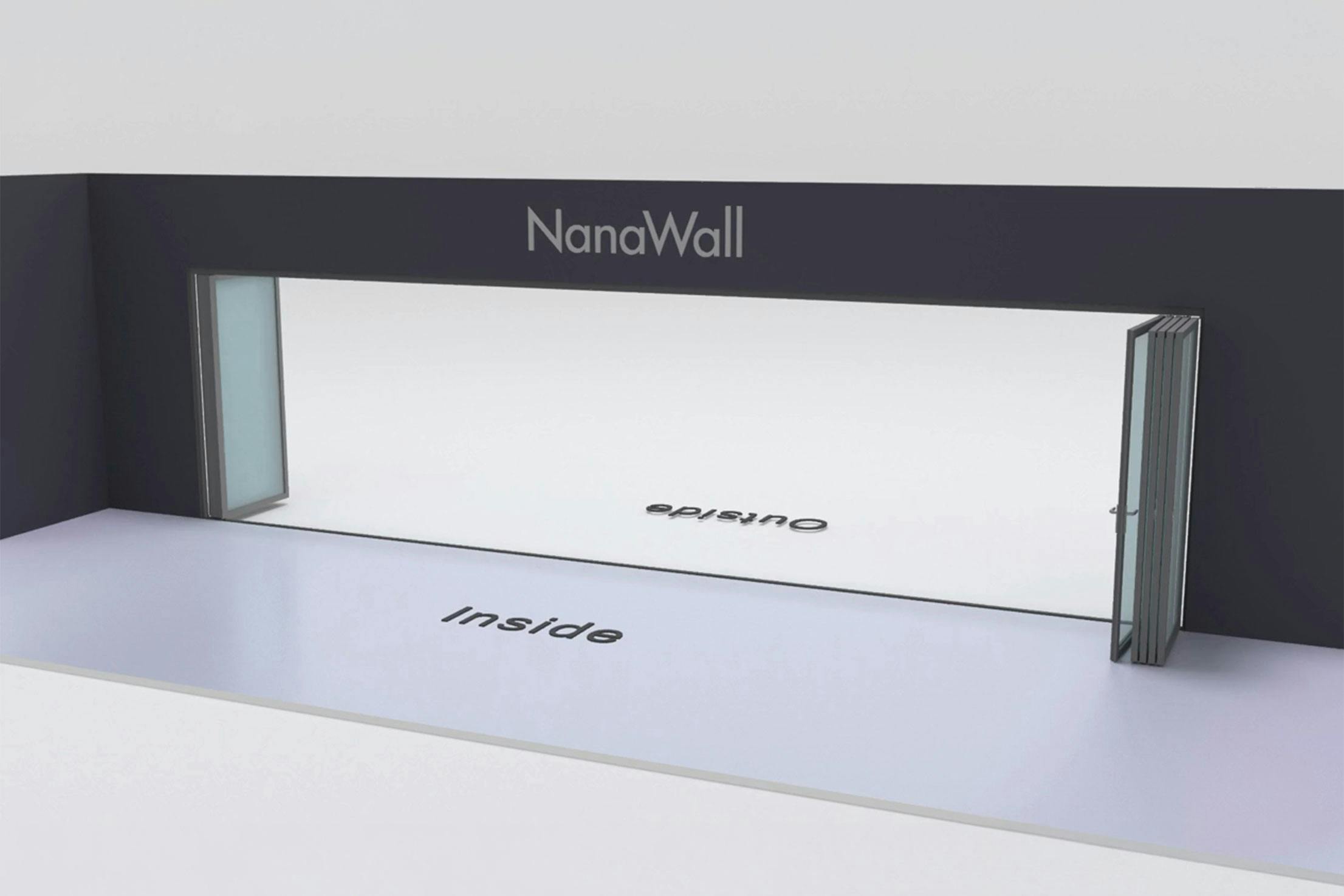 NanaWall inward/outward combination: 9-panel folding glass door with 4 panels outward left and 5 panels inward right (o4Li5R)