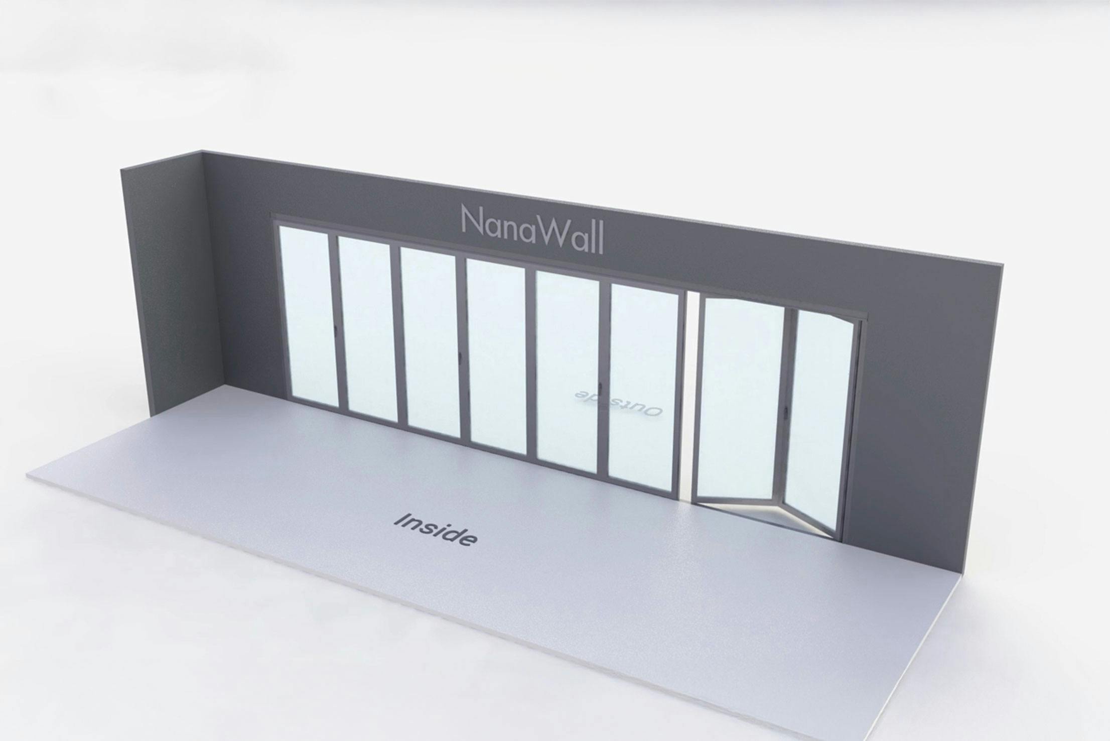 NanaWall standard configuration: 8-panel folding glass door, outward opening; 6 panels fold left and 2 panels fold right (o6L2R)