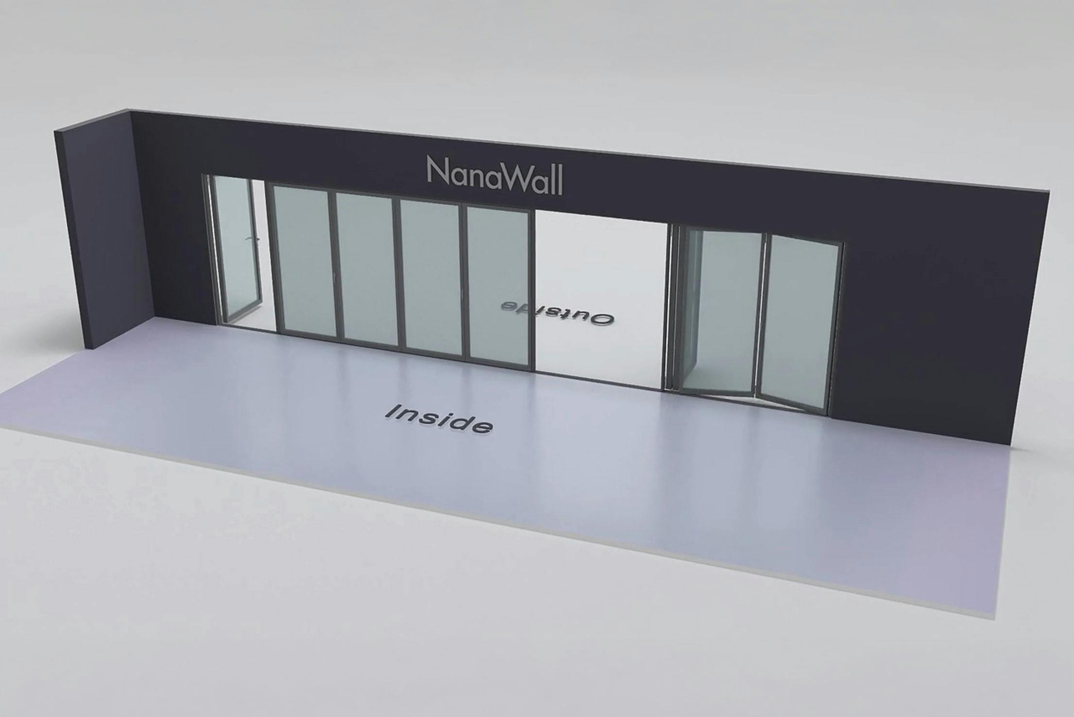 NanaWall Fourfold/Sixfold configuration: 9-panel folding glass door, outward opening; 1 panel folds left, a 4-panel set folds left/right, and 4 panels fold right (o1L4LR4R)